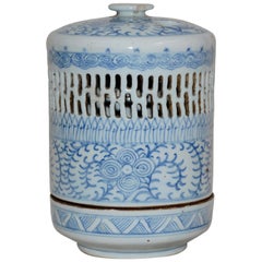 Antique Blue and White Asian Pierced Ceramic Incense Burner, 20th Century