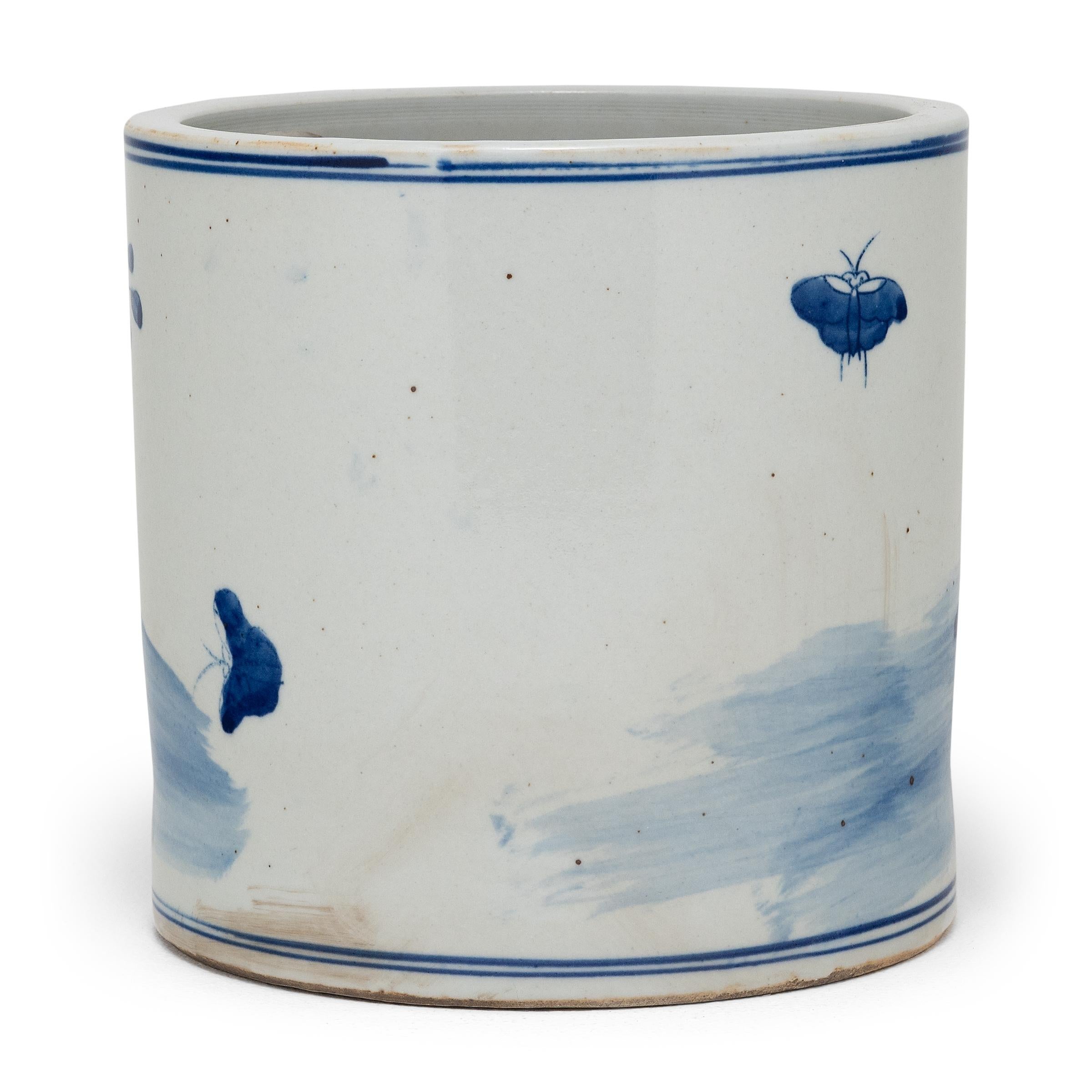 Chinese Export Blue and White Brush Pot with Birds and Peonies For Sale
