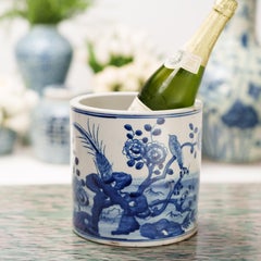 Blue and White Brush Pot with Birds and Peonies