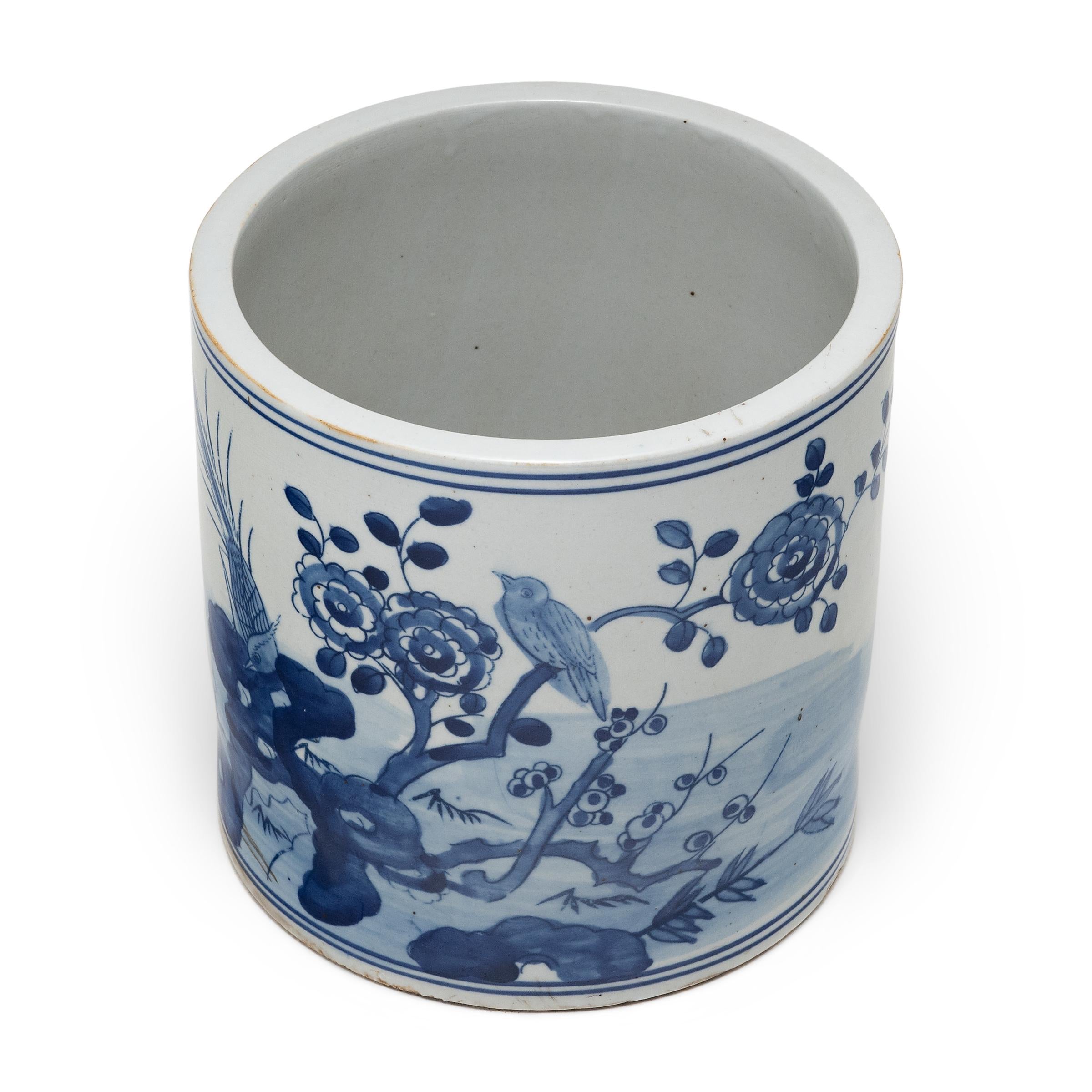 Chinese Blue and White Brush Pot with Birds and Peonies For Sale