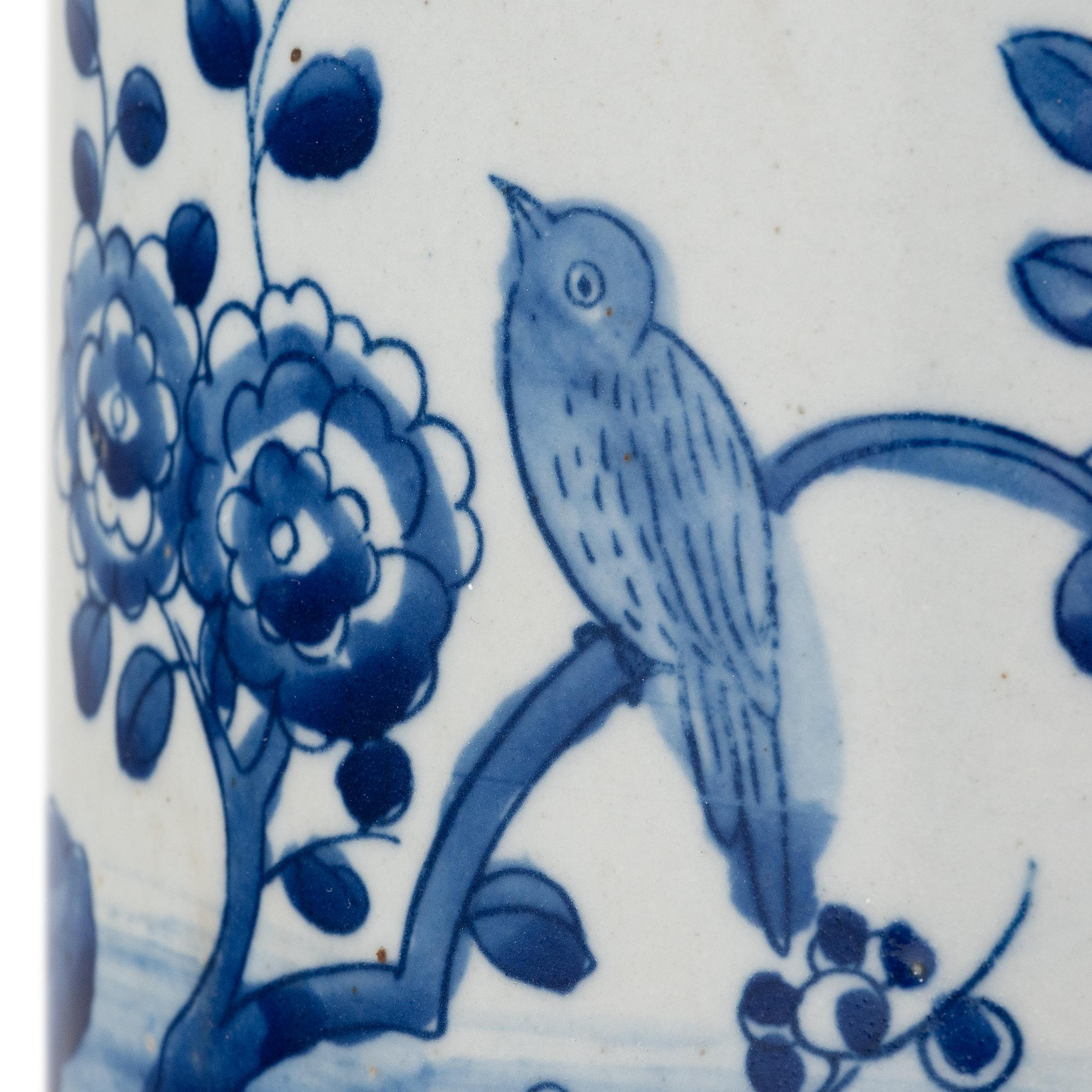 Glazed Blue and White Brush Pot with Birds and Peonies For Sale