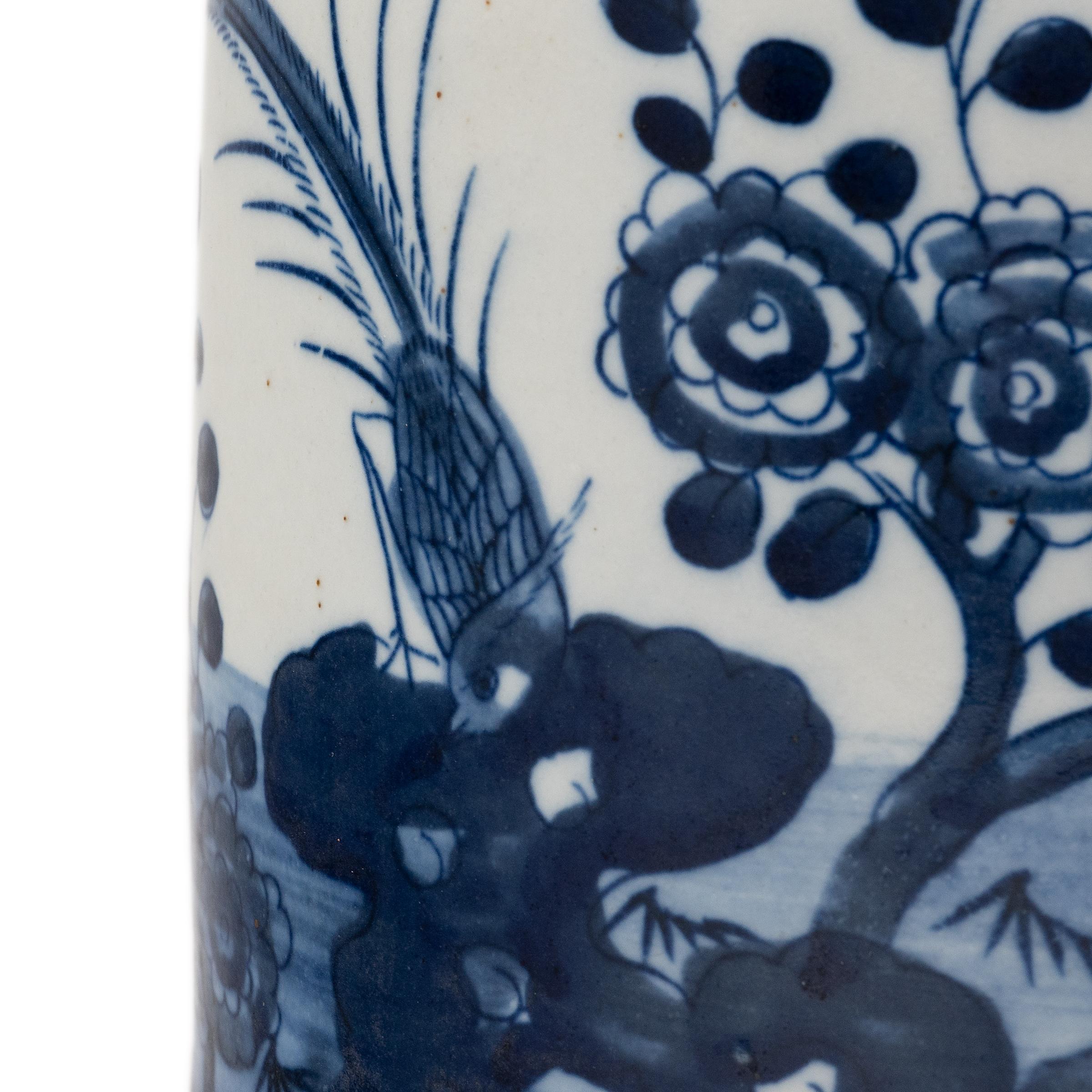Glazed Blue and White Brush Pot with Birds and Peonies For Sale