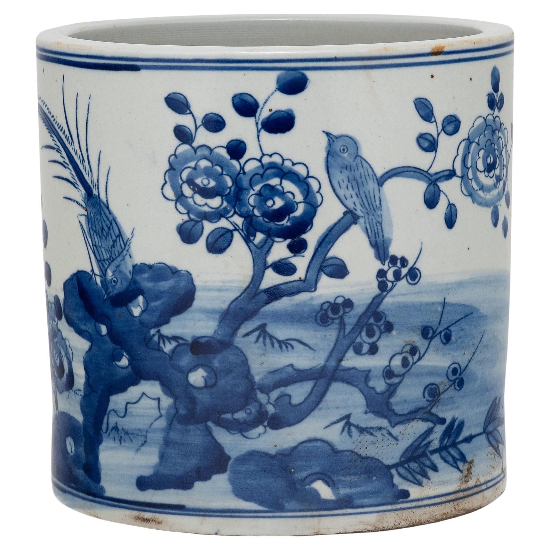 Blue and White Brush Pot with Birds and Peonies For Sale