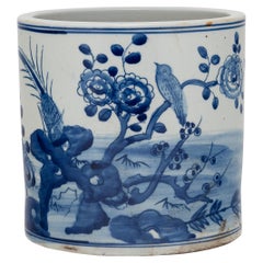 Blue and White Brush Pot with Birds and Peonies