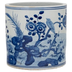 Blue and White Brush Pot with Birds and Peonies