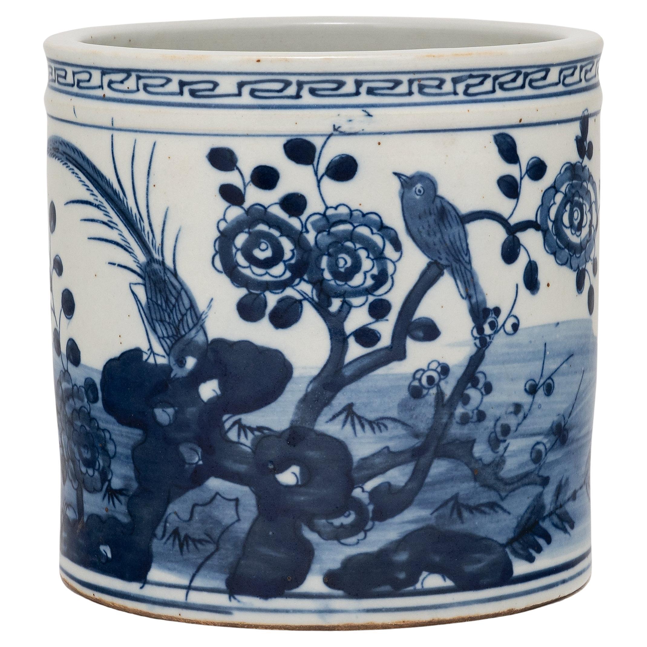 Blue and White Brush Pot with Birds and Peonies For Sale