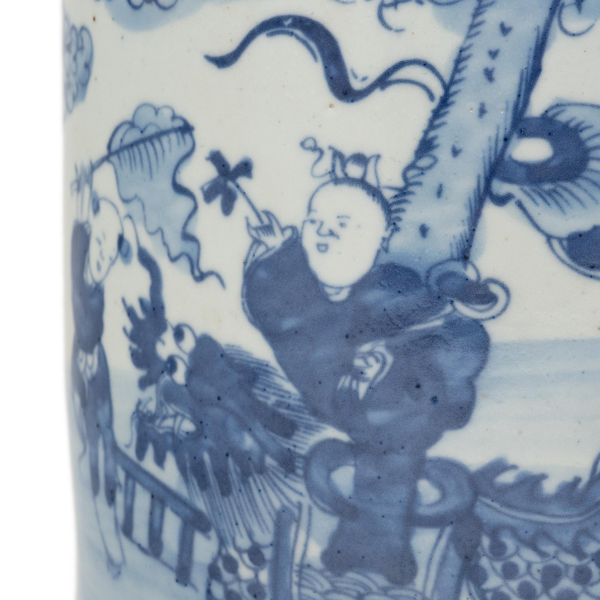 Chinese Blue and White Brush Pot with First Scholar For Sale