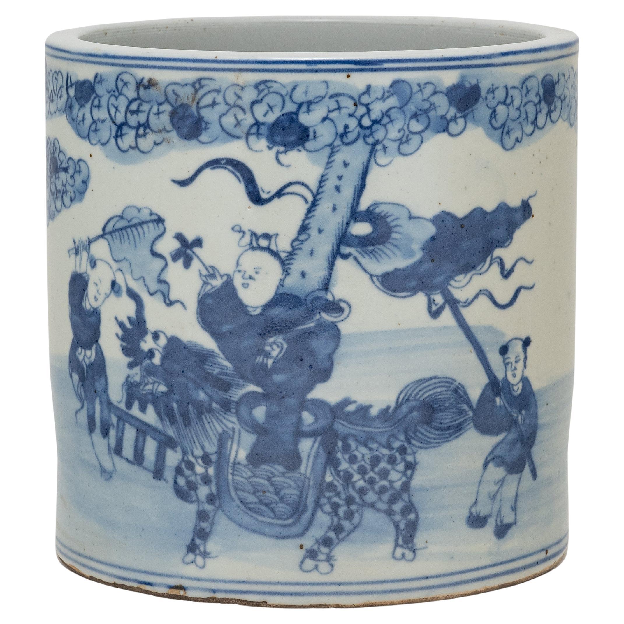 Blue and White Brush Pot with First Scholar For Sale