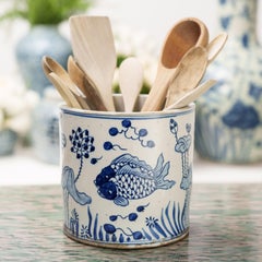 Blue and White Brush Pot with Fish & Flora