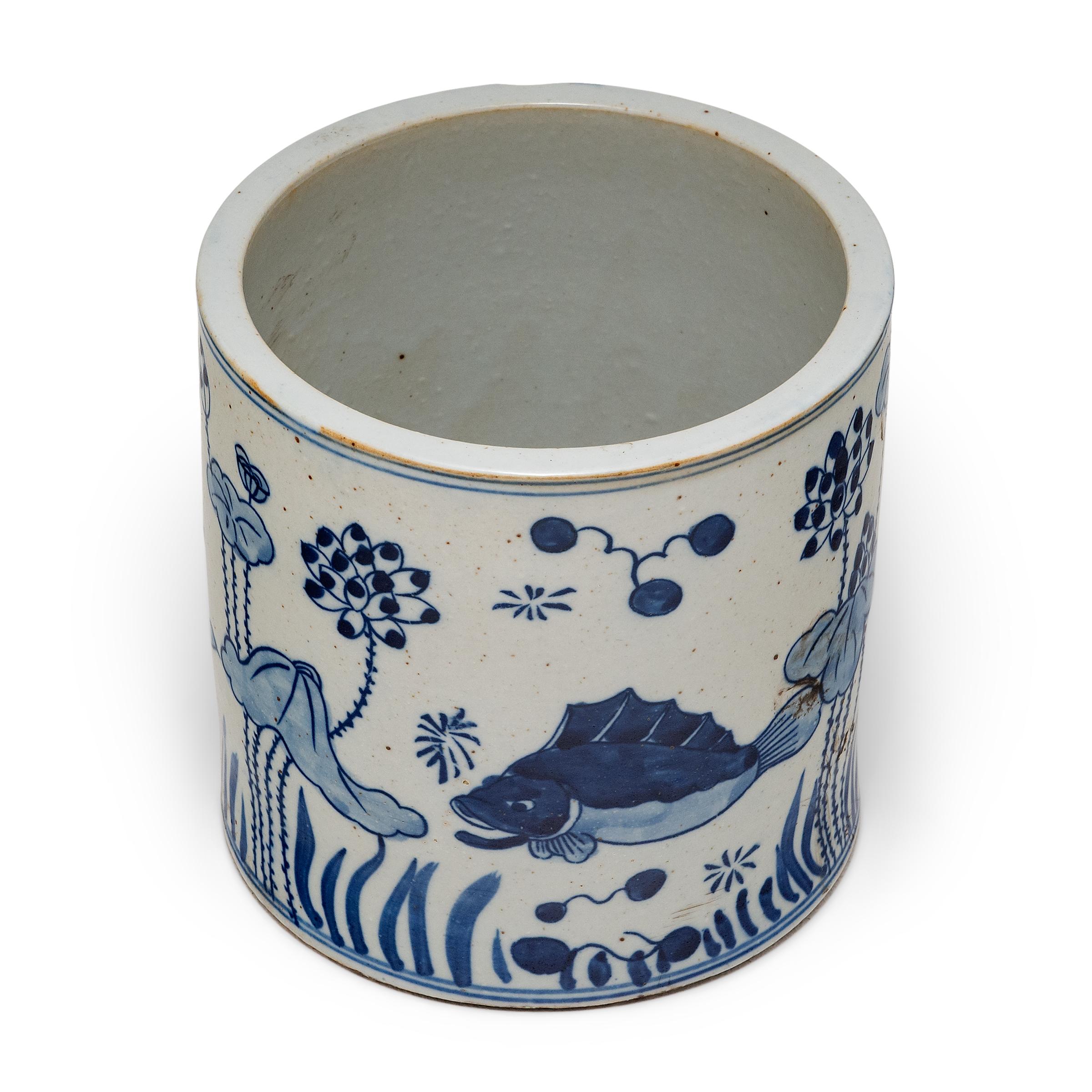 Chinese Blue and White Brush Pot with Fish & Flora For Sale