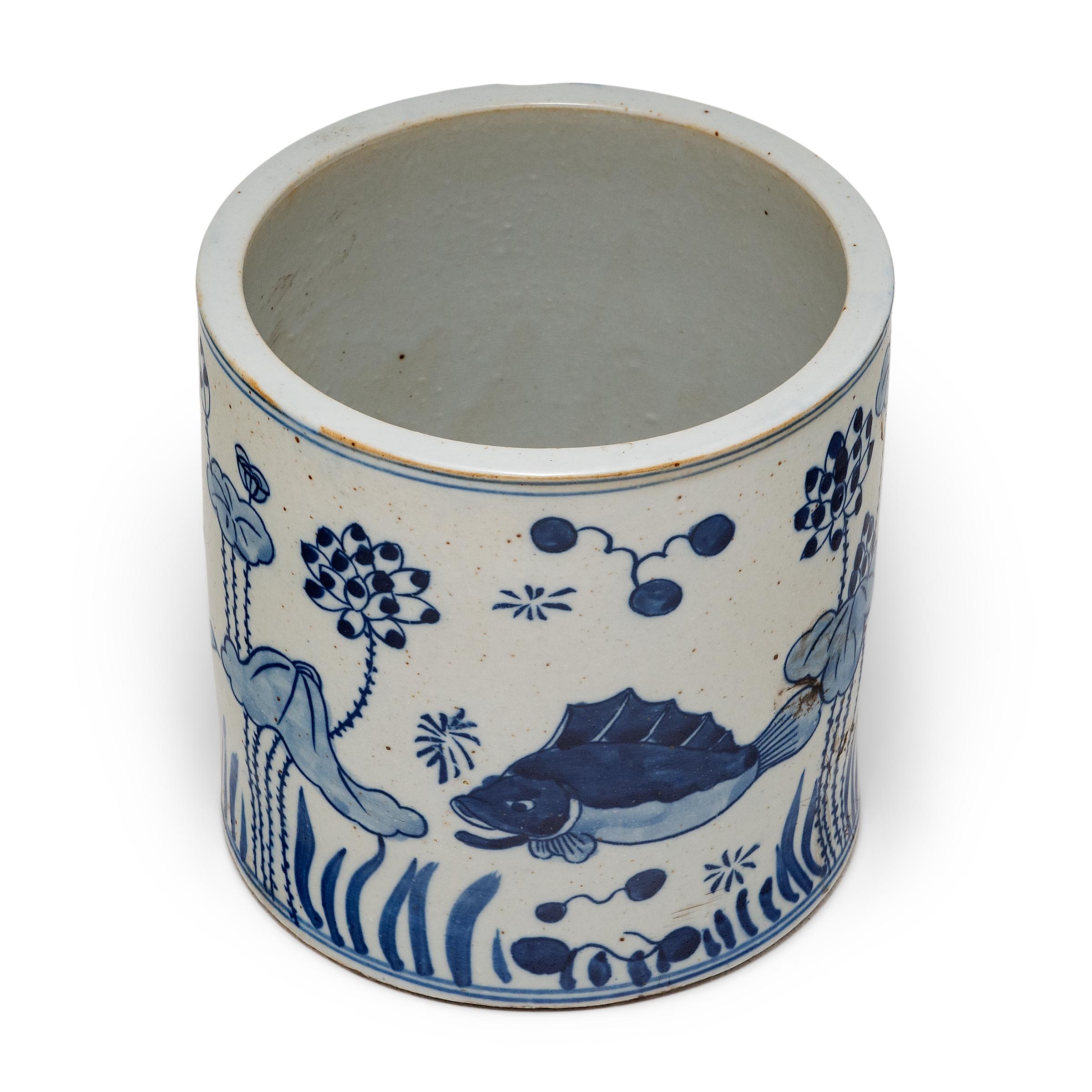 Chinese Blue and White Brush Pot with Fish & Flora