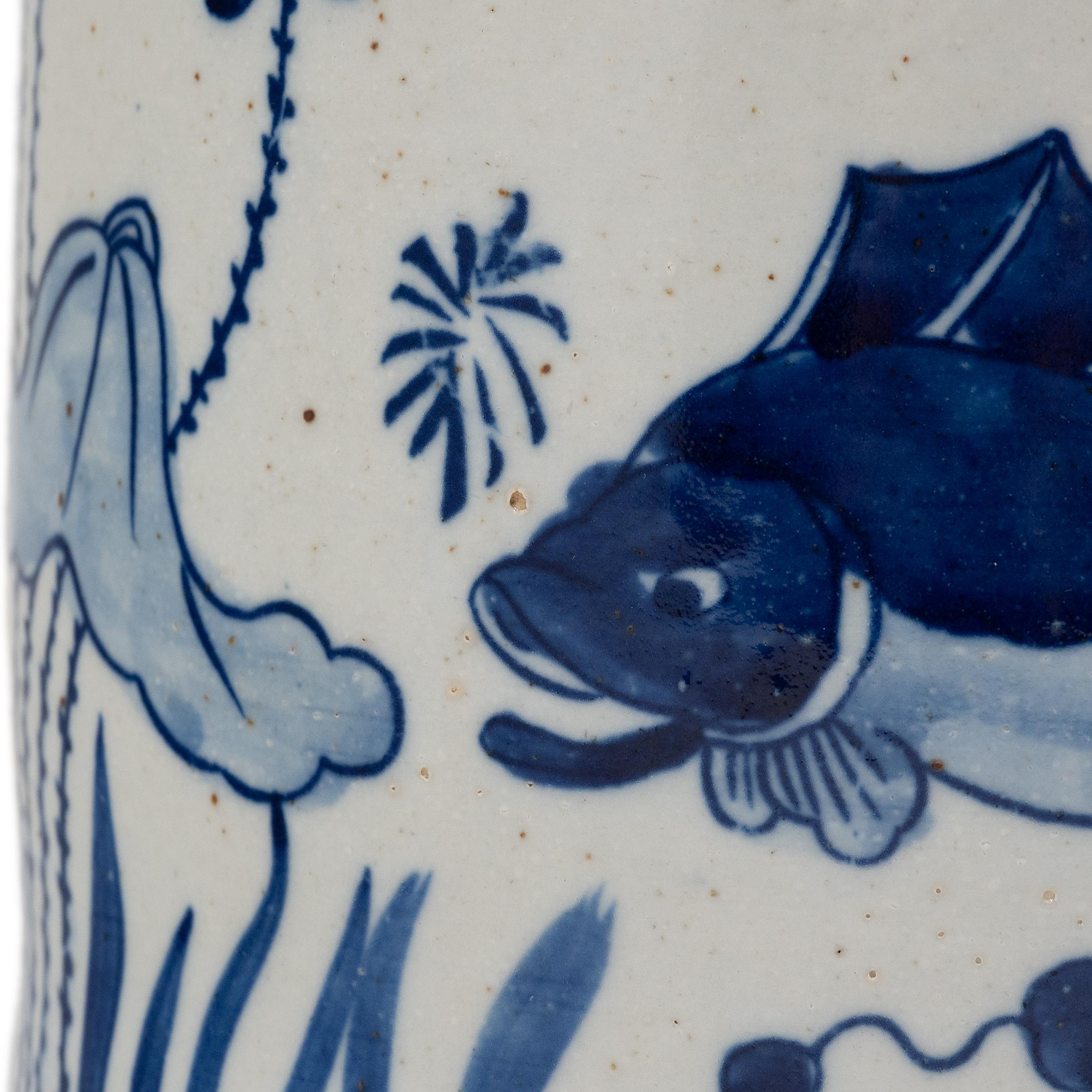 Glazed Blue and White Brush Pot with Fish & Flora For Sale