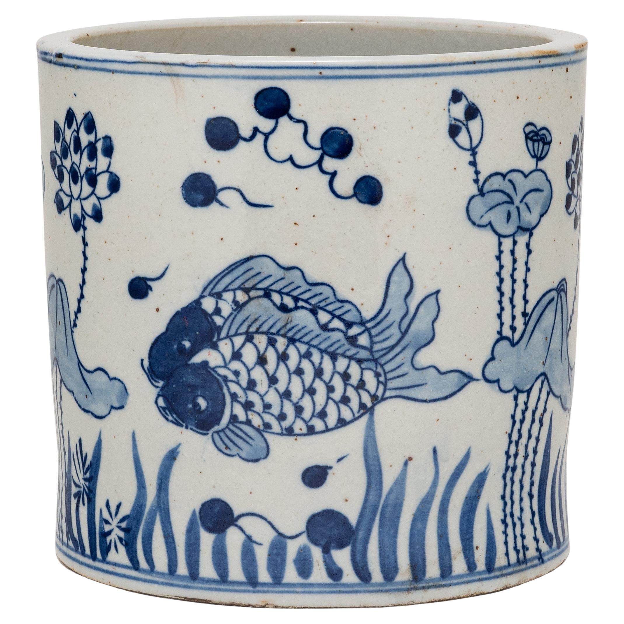 Blue and White Brush Pot with Fish & Flora For Sale