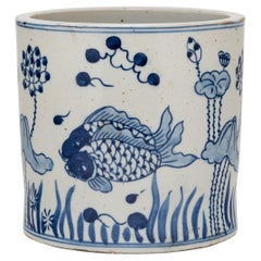 Vintage Blue and White Brush Pot with Fish & Flora
