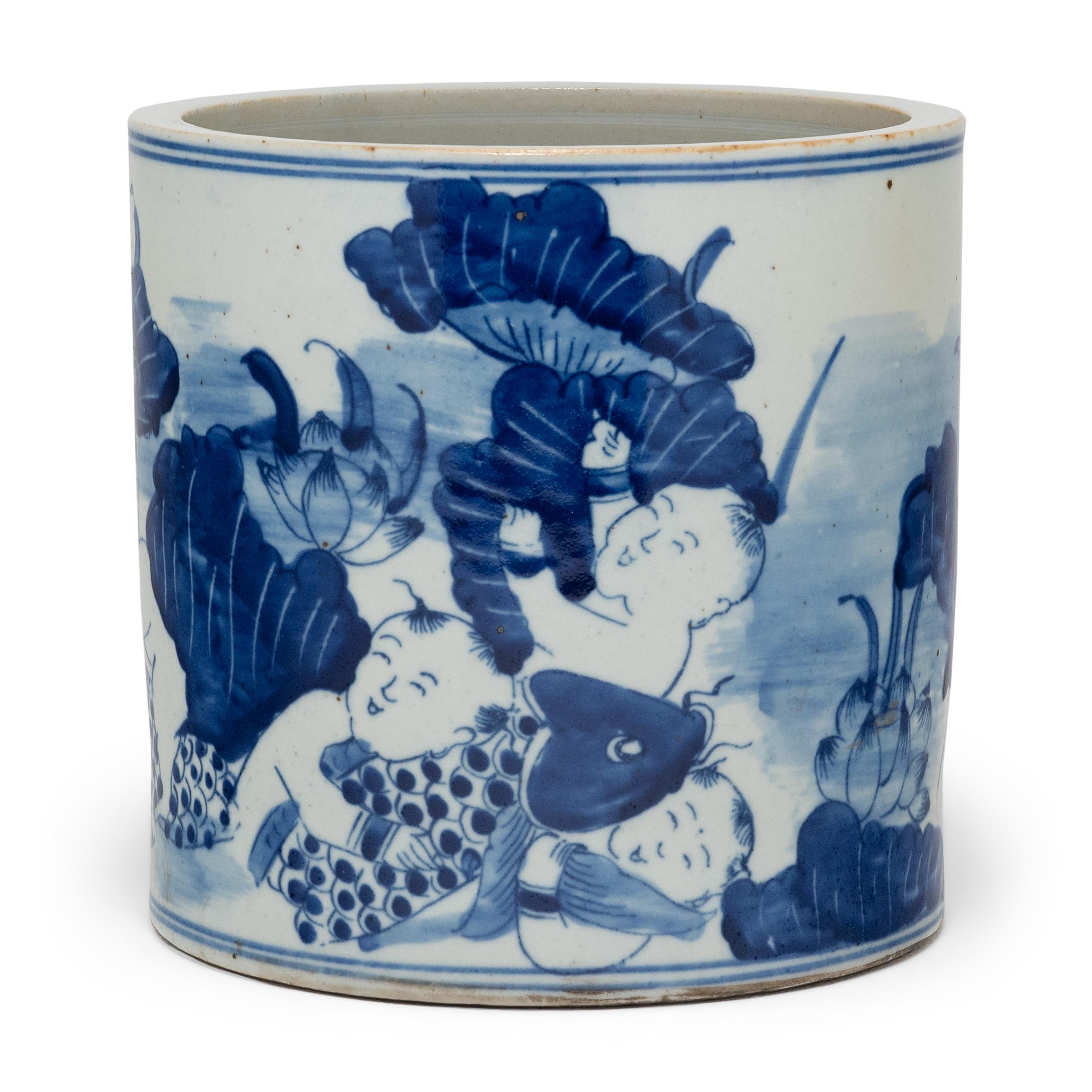 Chinese Export Blue and White Brush Pot with Koi & Lotus For Sale