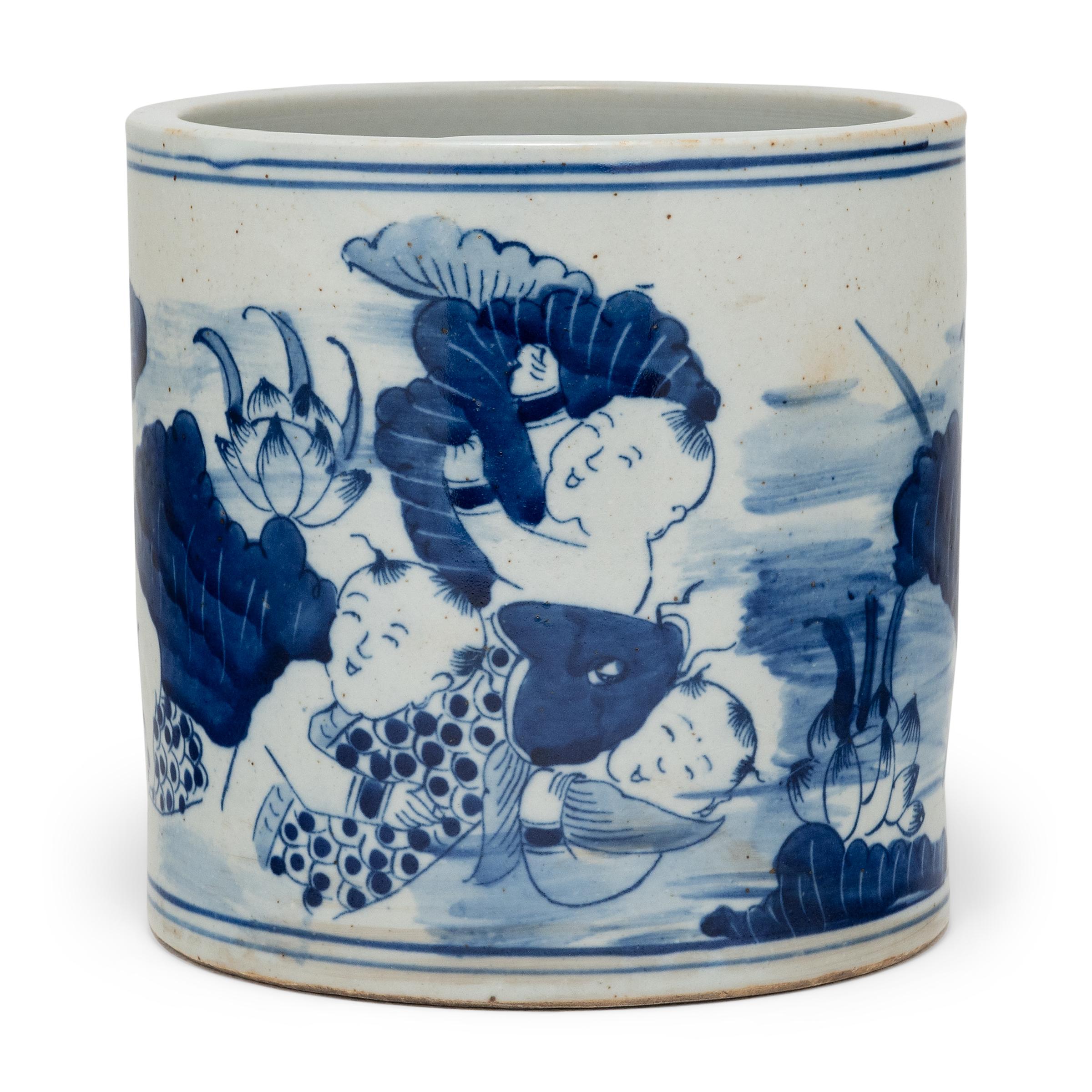 Chinese Export Blue and White Brush Pot with Koi & Lotus