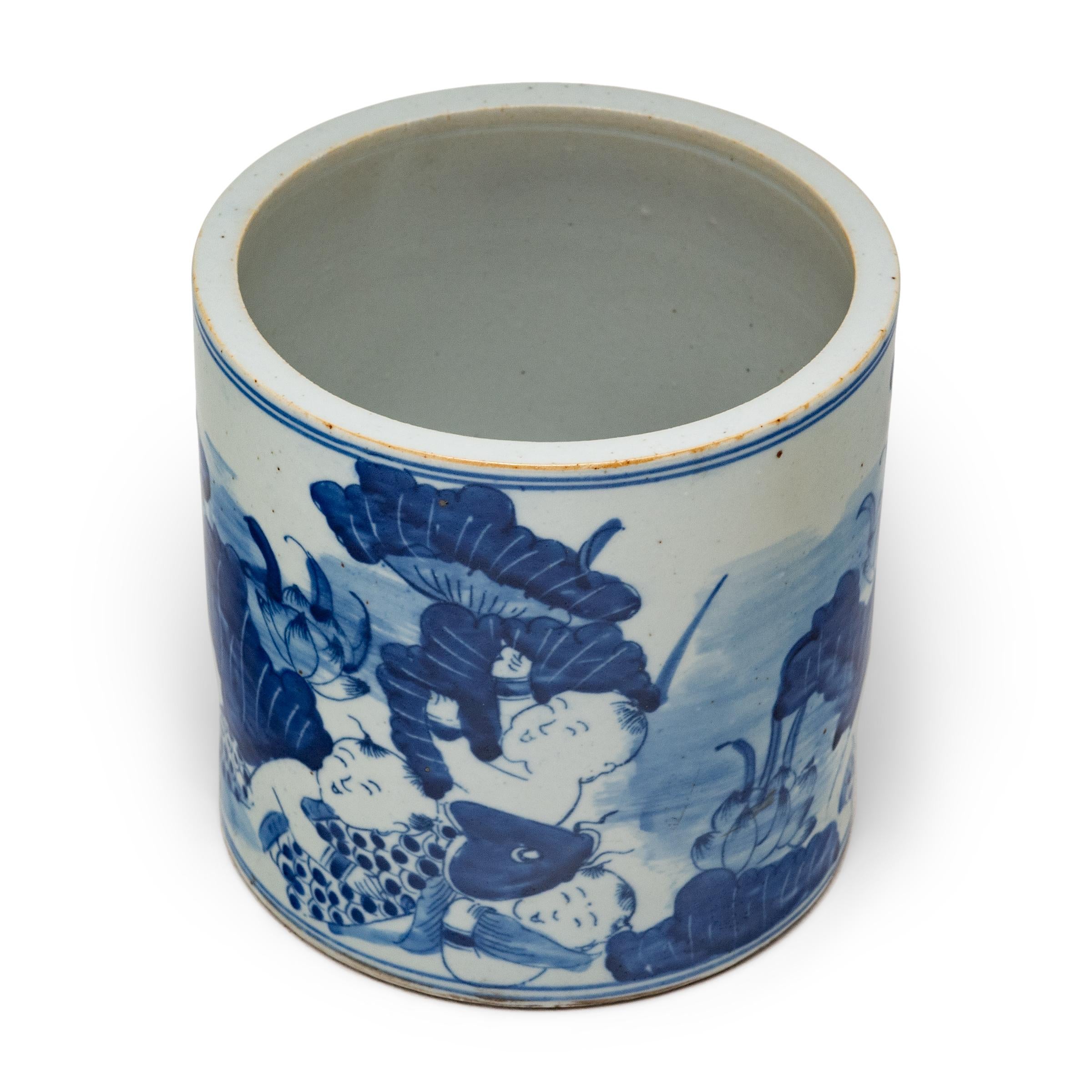 Chinese Blue and White Brush Pot with Koi & Lotus For Sale