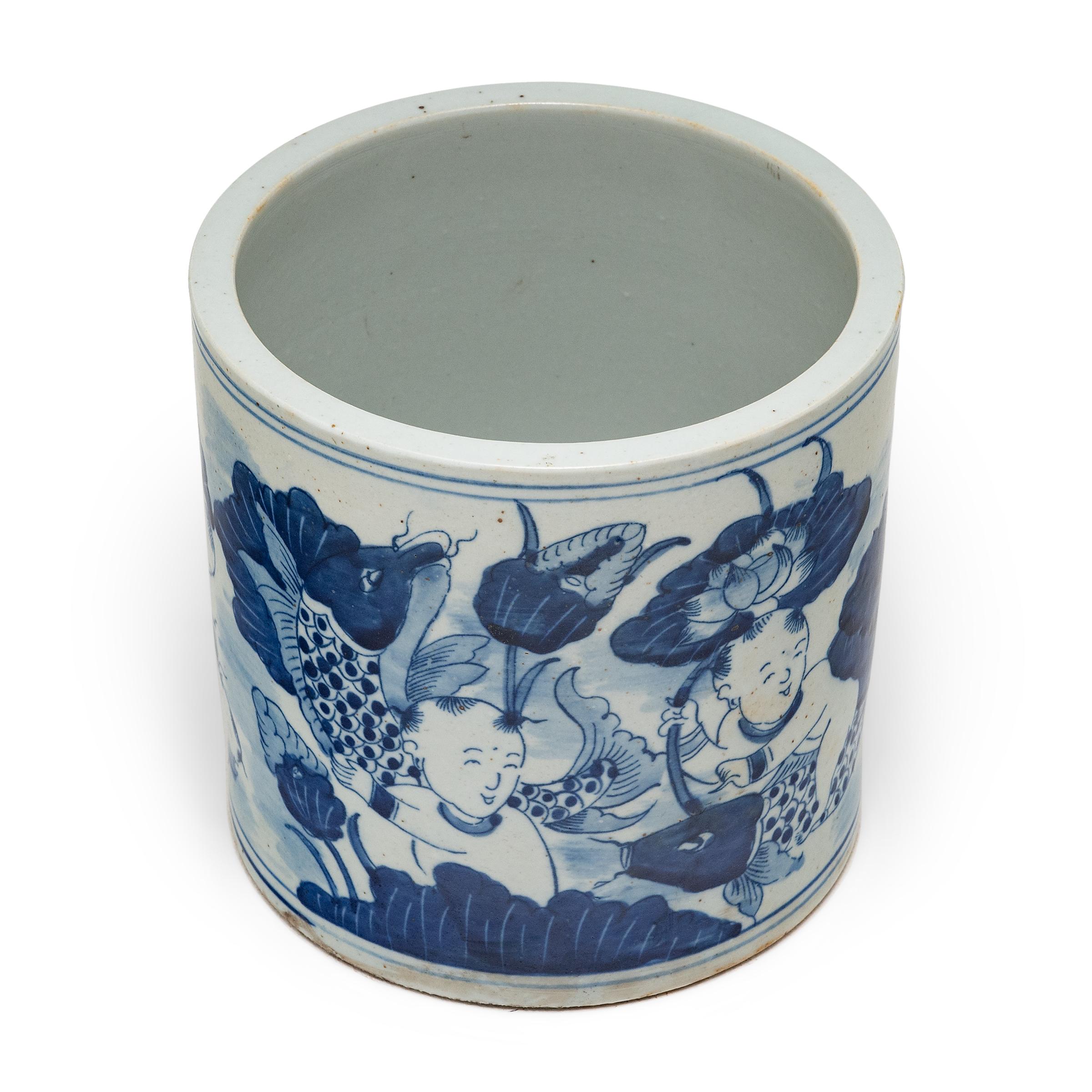 Chinese Blue and White Brush Pot with Koi & Lotus