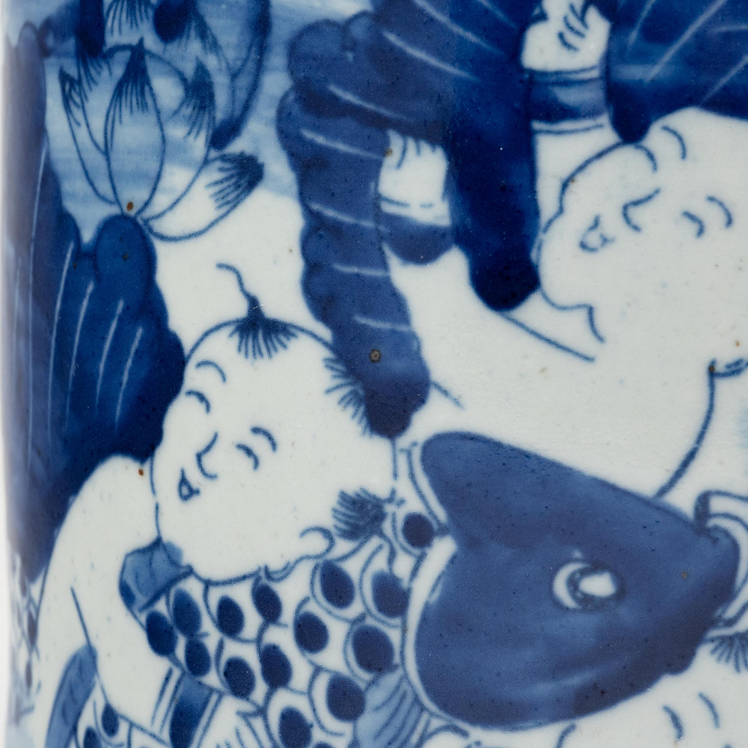 Glazed Blue and White Brush Pot with Koi & Lotus