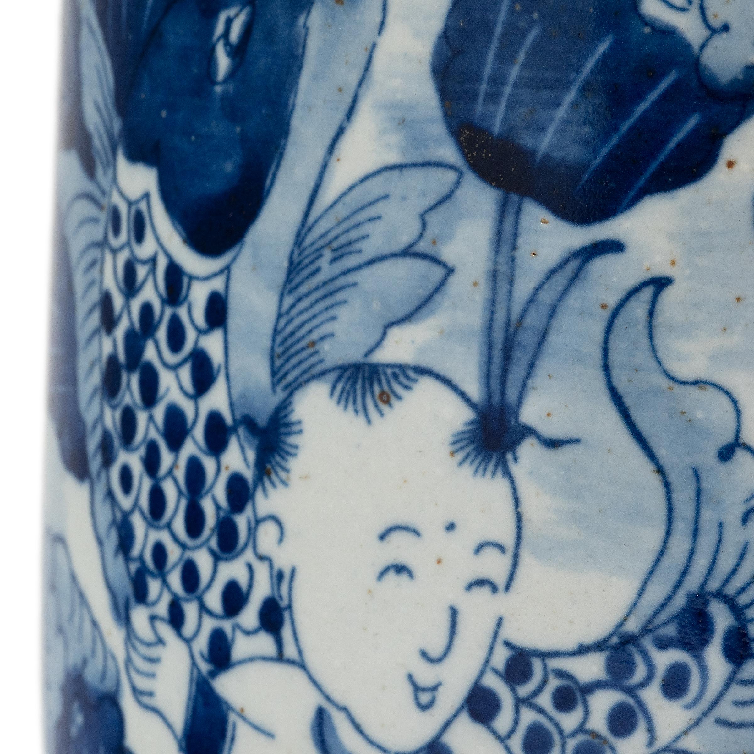 Glazed Blue and White Brush Pot with Koi & Lotus