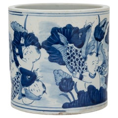 Blue and White Brush Pot with Koi & Lotus