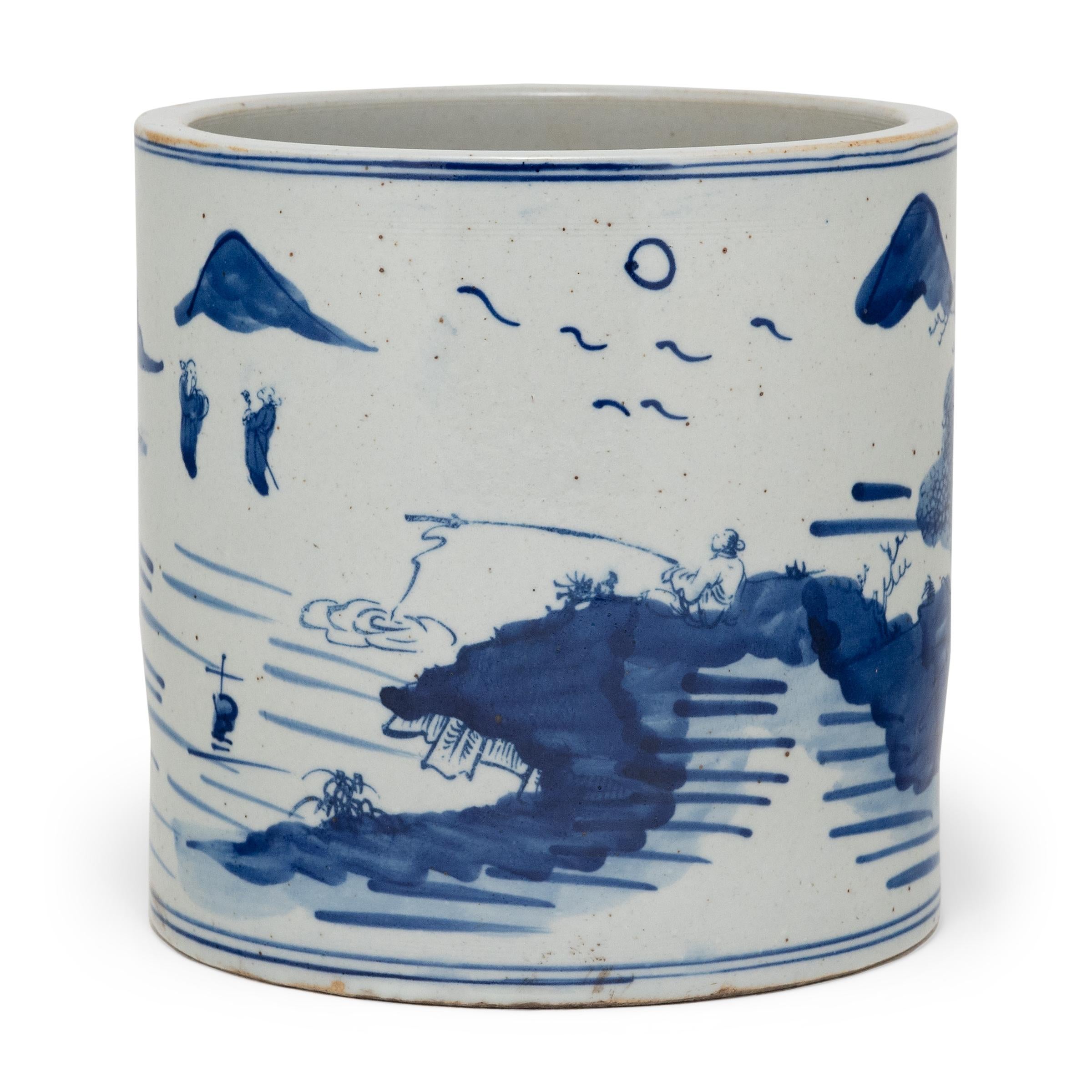 Chinese Export Blue and White Brush Pot with Shan Shui Landscape