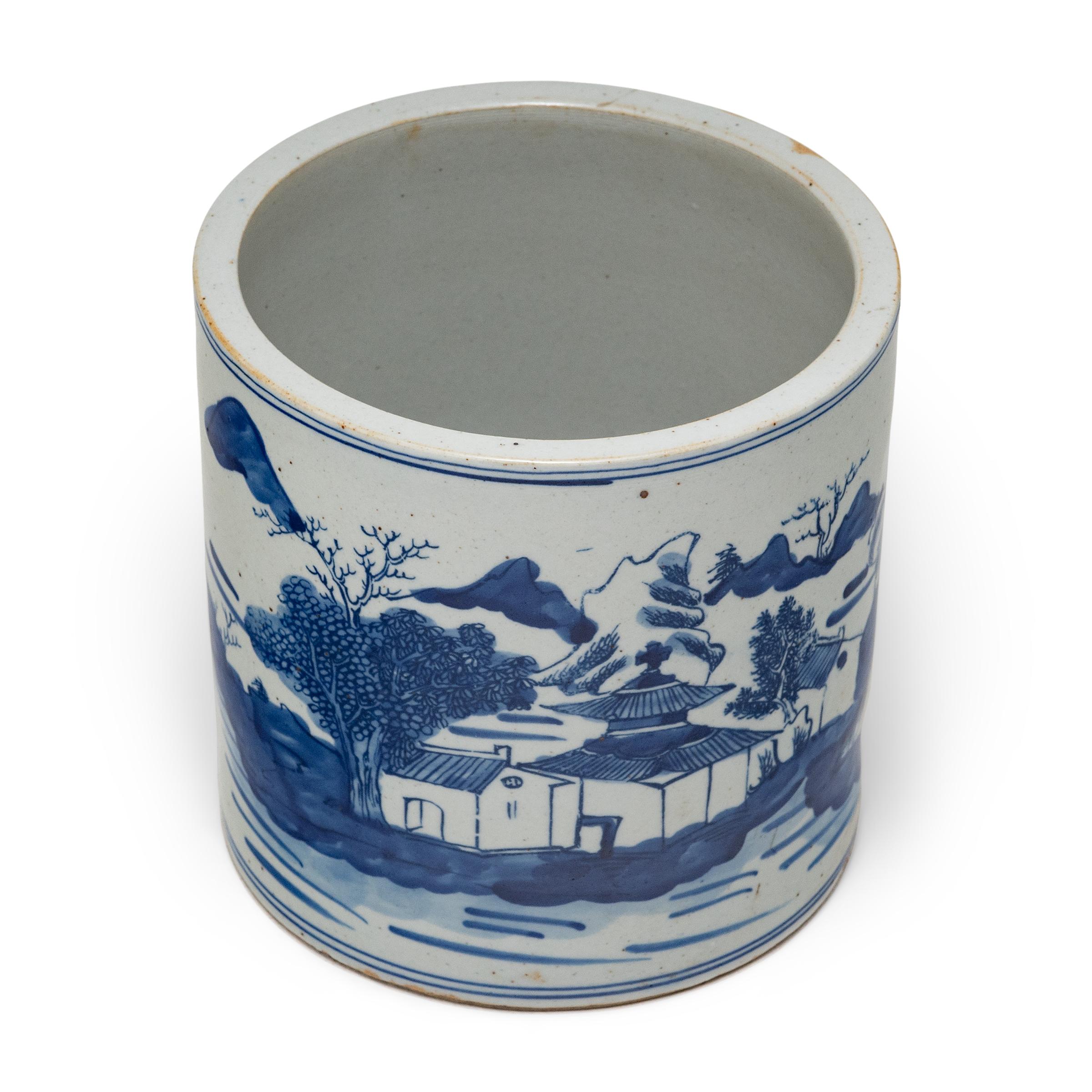 Chinese Blue and White Brush Pot with Shan Shui Landscape