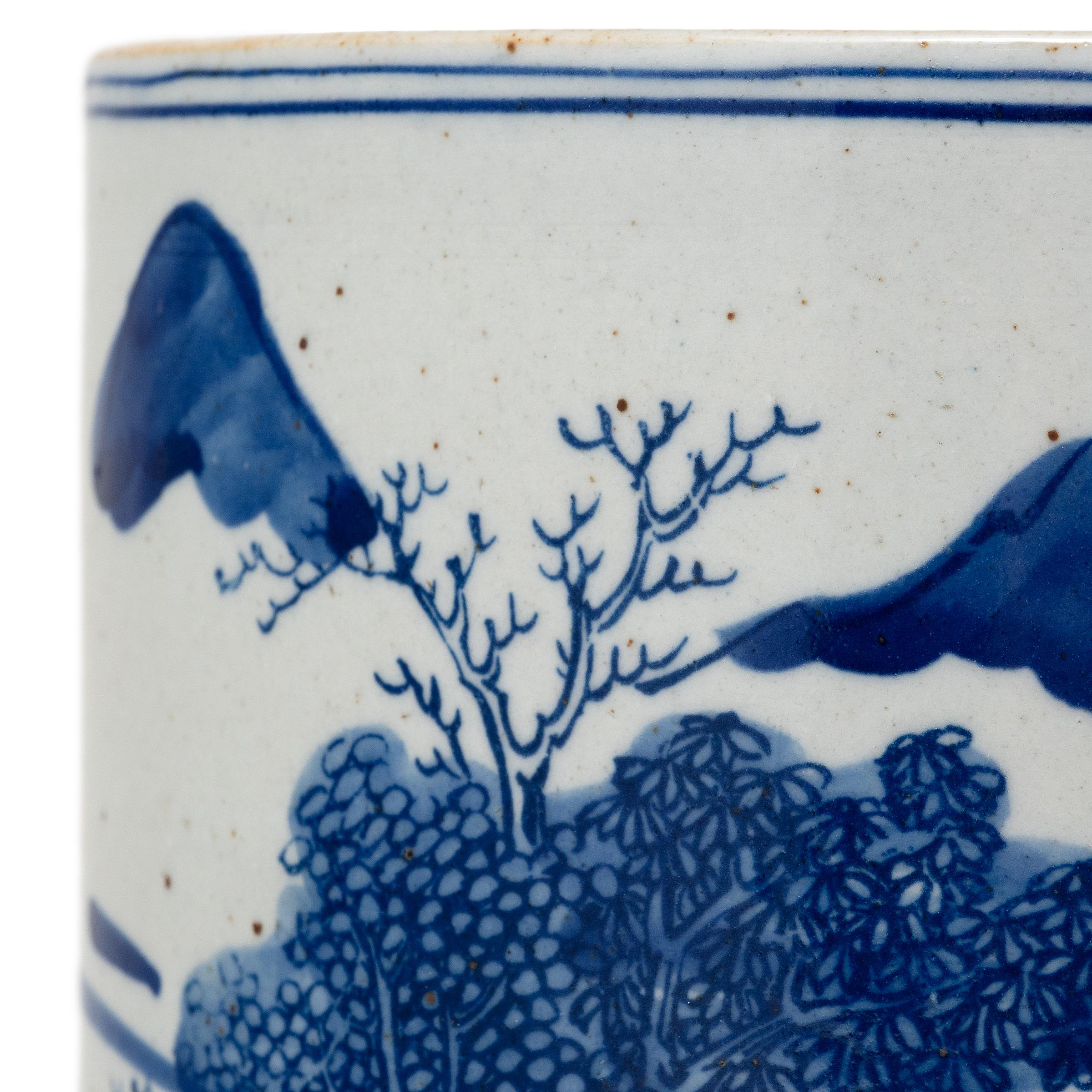 Glazed Blue and White Brush Pot with Shan Shui Landscape