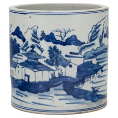 Blue and White Brush Pot with Shan Shui Landscape