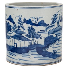 Vaso a spazzola blu e bianco con paesaggio Shan Shui
