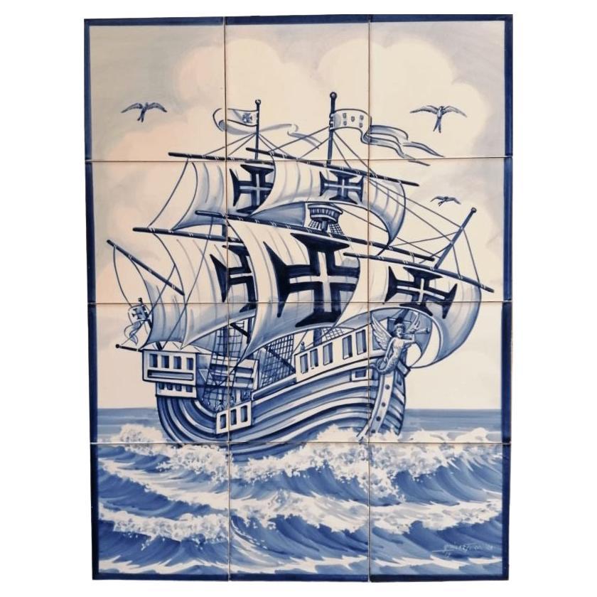 Portuguese Azulejos Hand Painted Tile Mural "Sailing Ship" Signed by
