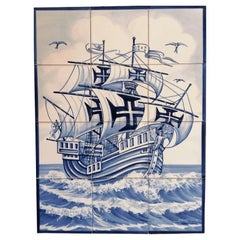 Portuguese Azulejos Hand Painted Ceramic Tile Mural "Ship" Signed by Artist 