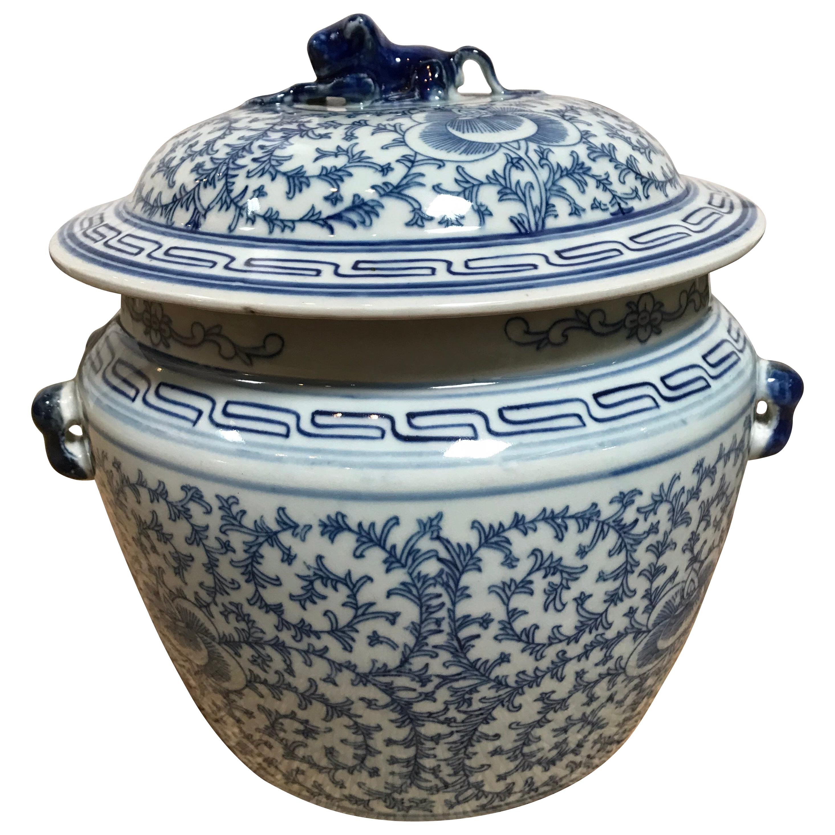 Blue and White Ceramic Chinese Pot with Lid