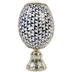Blue and White Ceramic Egg and White Metal ‘Alpaca’, Handmade