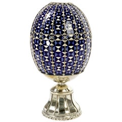 Blue and White Ceramic Egg and White Metal ‘Alpaca’, Handmade