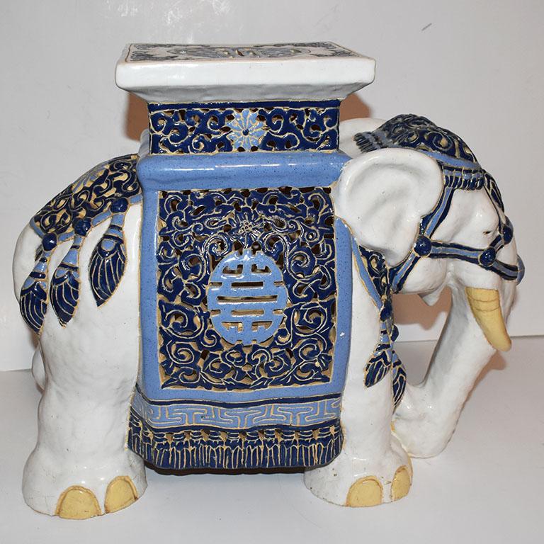 Chinoiserie Blue and White Ceramic Elephant Garden Stool or Drink Table