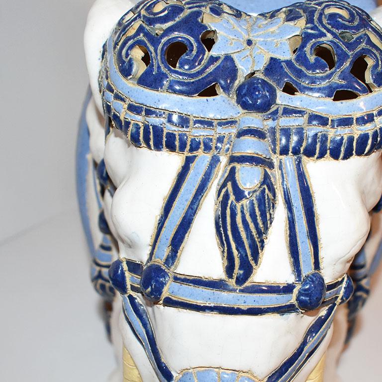 Blue and White Ceramic Elephant Garden Stool or Drink Table In Good Condition In Oklahoma City, OK