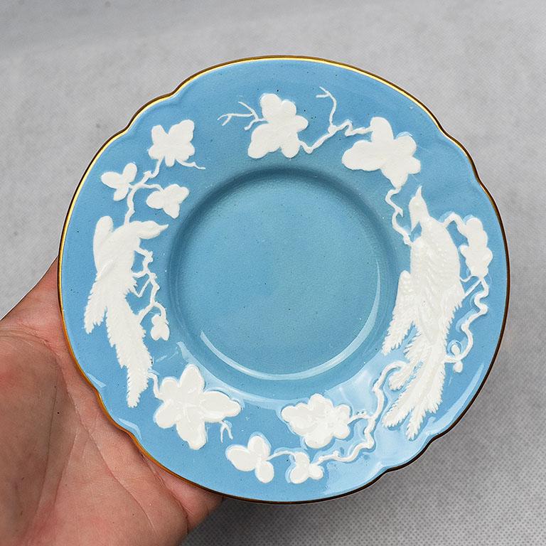 Art Deco Blue and White Ceramic Floral Royal Crown Derby Bird Plate, 1940s, England