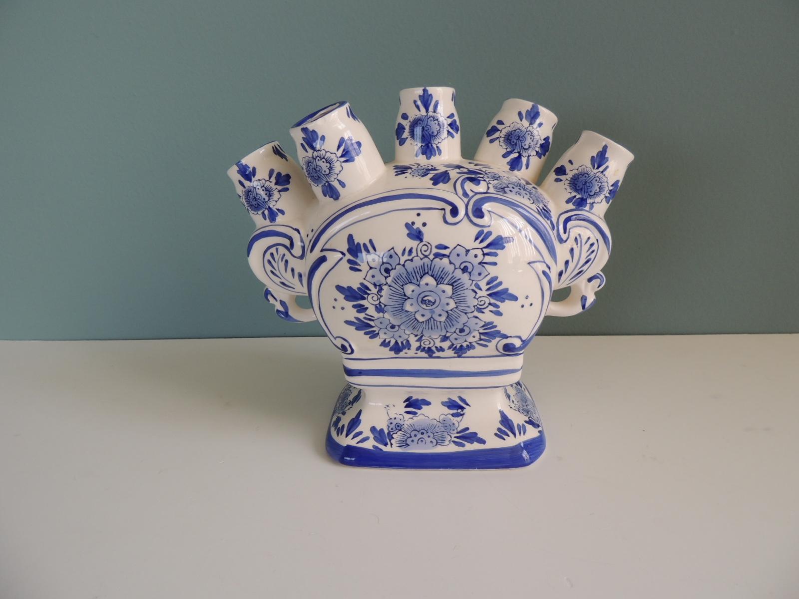 Hand-Crafted Blue and White Ceramic Hand Painted Tulipiere Vase