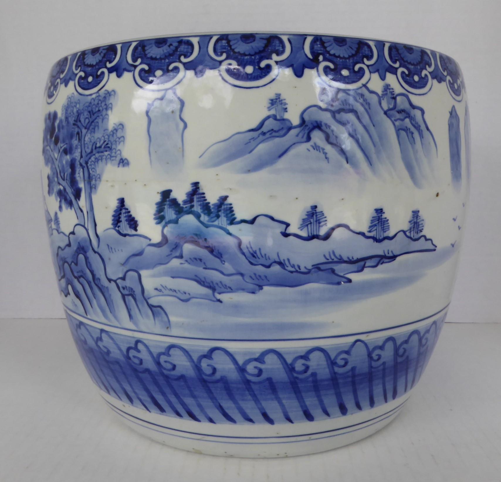 Japonisme Blue and White Ceramic Japanese Hibachi 1960s Hand Painted Serene Village Scene