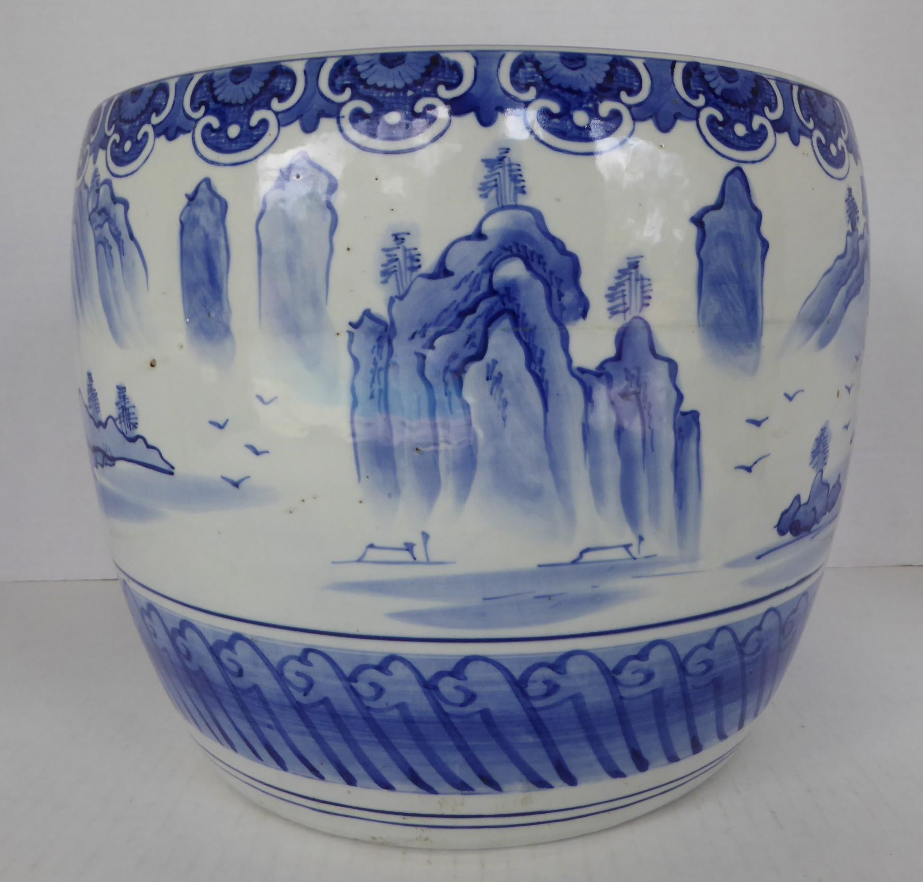 Blue and White Ceramic Japanese Hibachi 1960s Hand Painted Serene Village Scene In Good Condition In Miami, FL