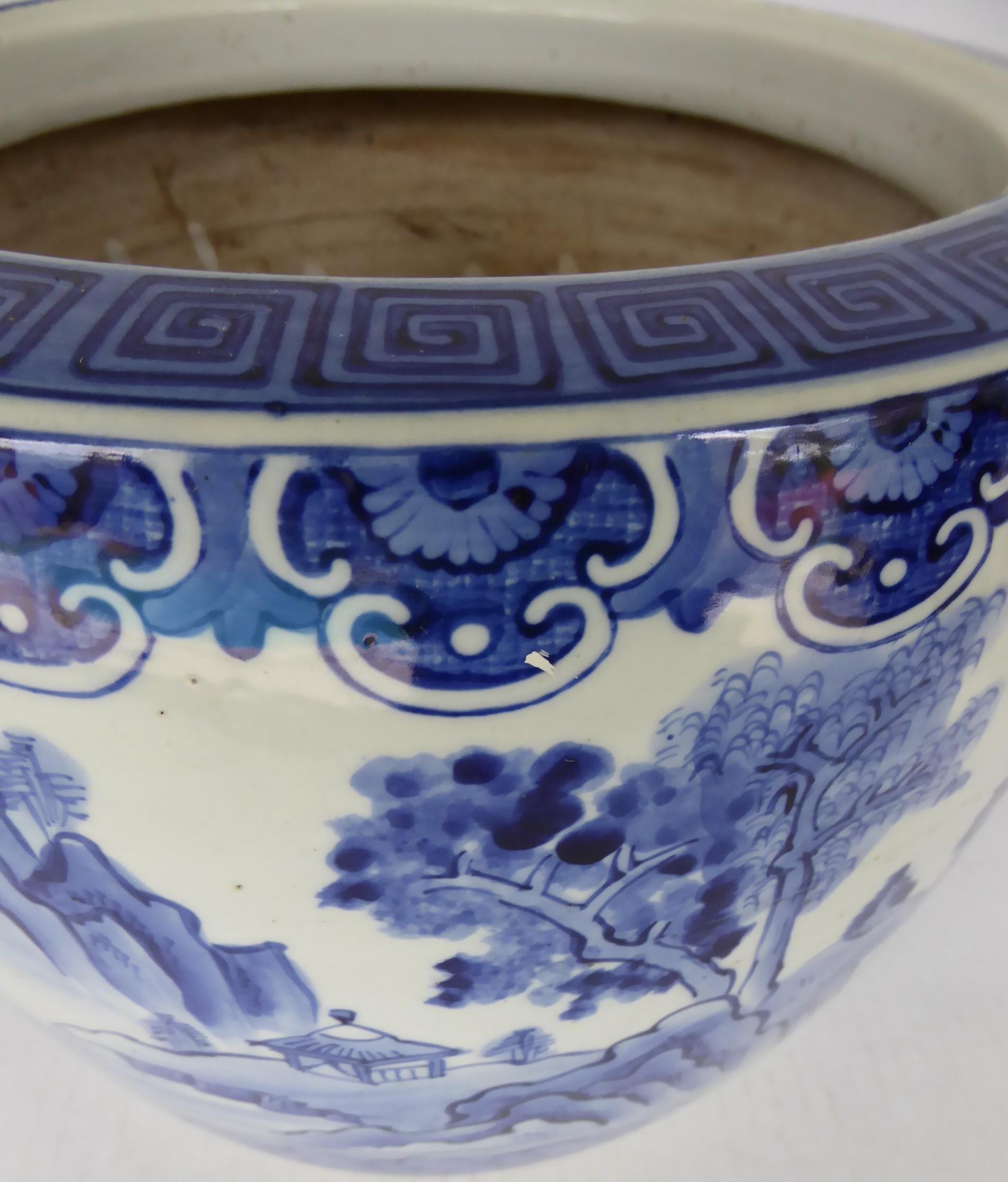 Blue and White Ceramic Japanese Hibachi 1960s Hand Painted Serene Village Scene 1