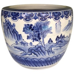 Vintage Blue and White Ceramic Japanese Hibachi 1960s Hand Painted Serene Village Scene