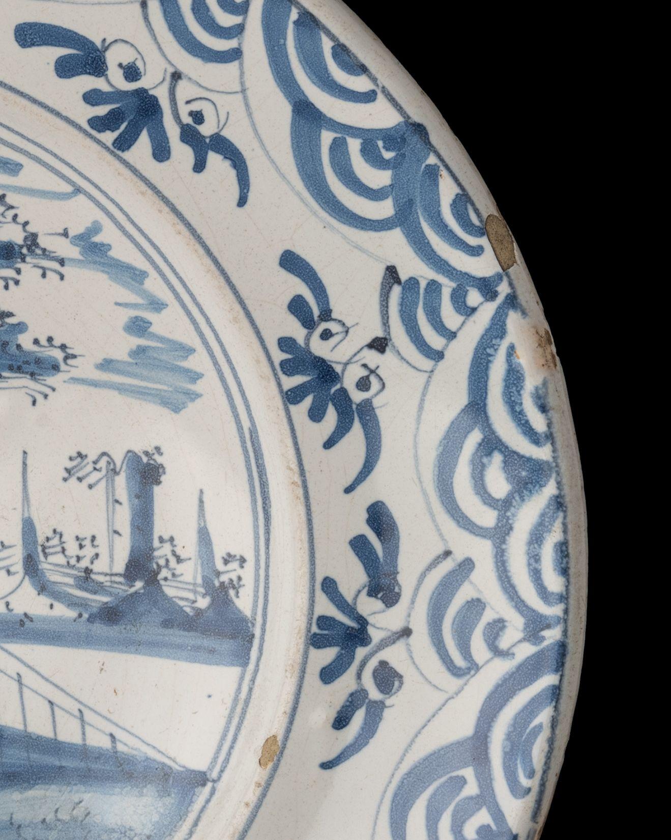 Dutch Blue and White Charger with a Shepherd in a Landscape Delft, 1670-1700 For Sale