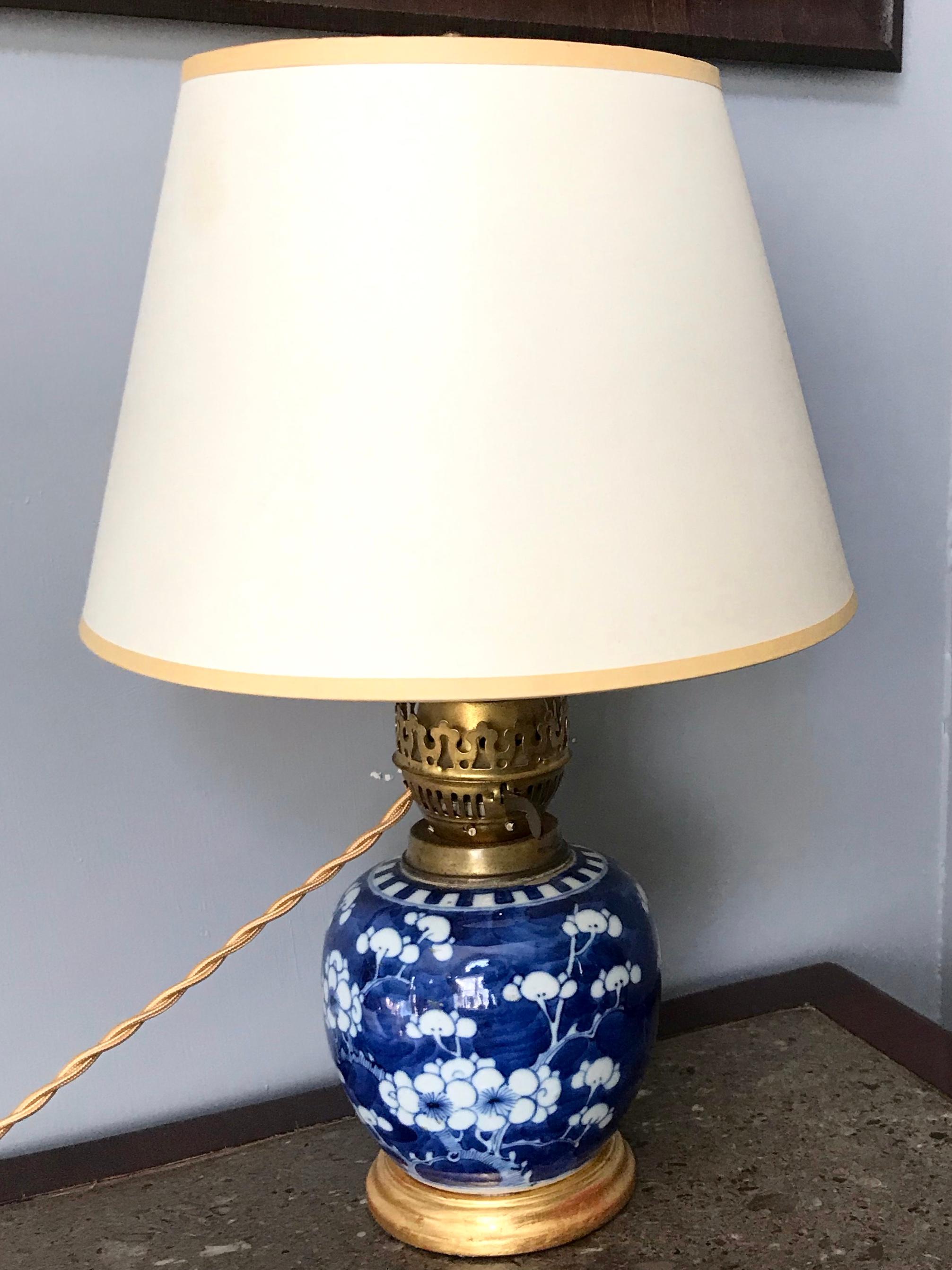 Chinese Export Blue and White Cherry Blossom Vase Lamp on Gilt Wood Base For Sale