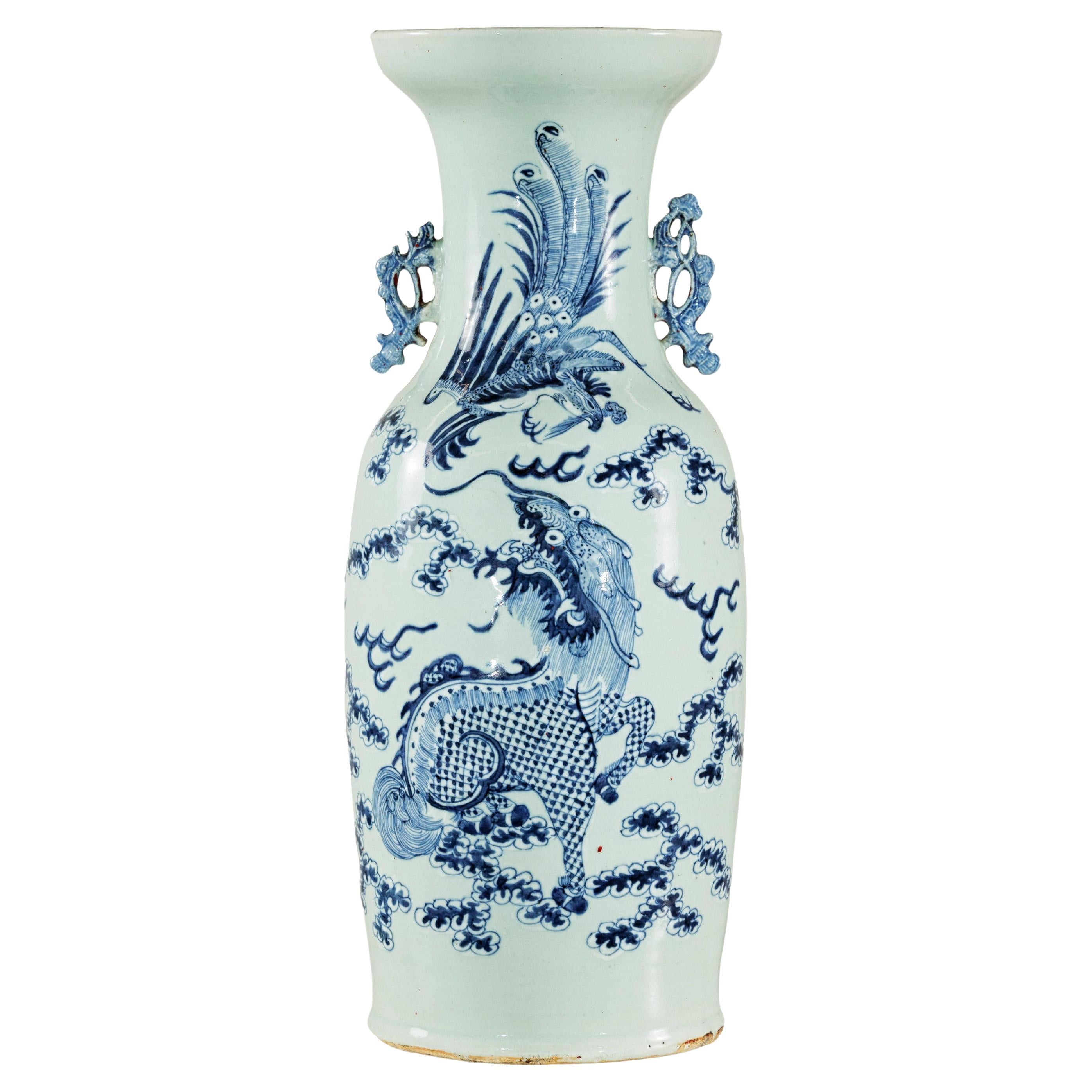Blue and White Chinese Altar Vase with Dragon and Phoenix Design, Celadon Tint