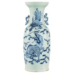 Blue and White Chinese Altar Vase with Dragon and Phoenix Design, Celadon Tint