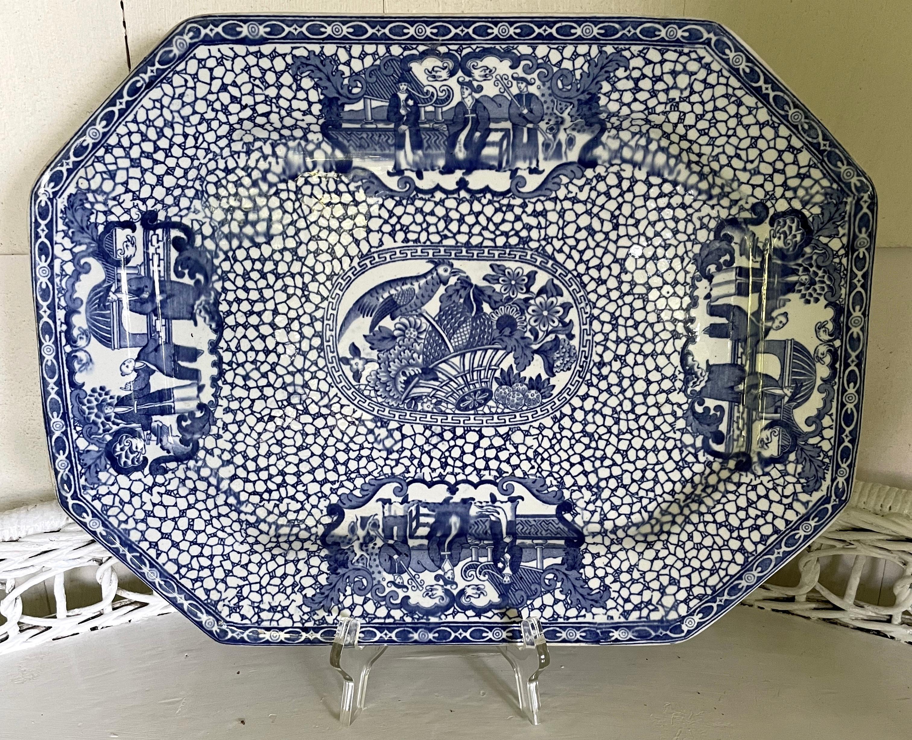 Early 20th c. English blue and white ironstone platter. Blue underglaze pattern markings for Wm Adams. Impressed marks 