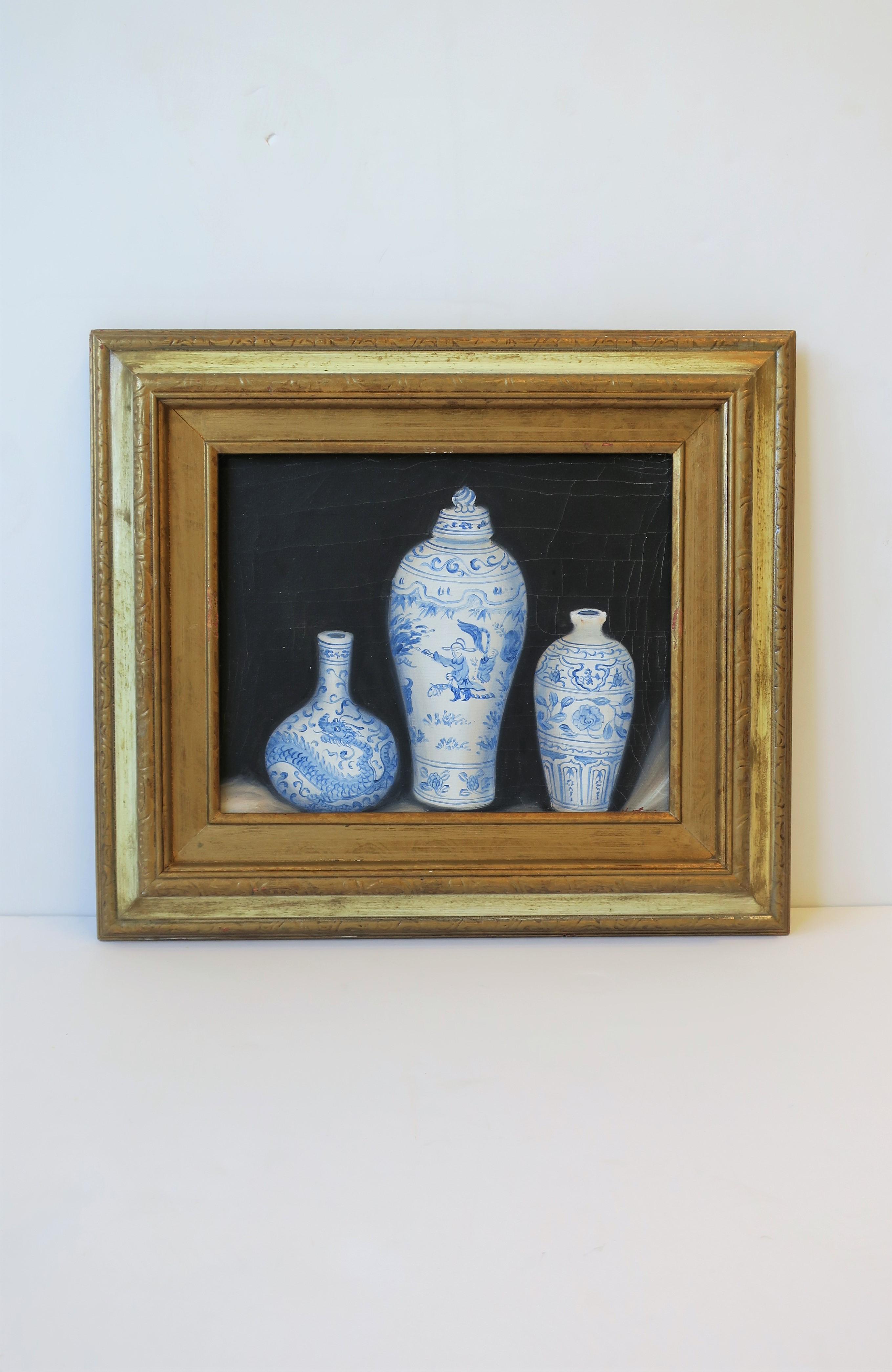 Chinese Blue and White Ceramic Pottery Oil Painting Art with Gold Giltwood Frame In Good Condition In New York, NY