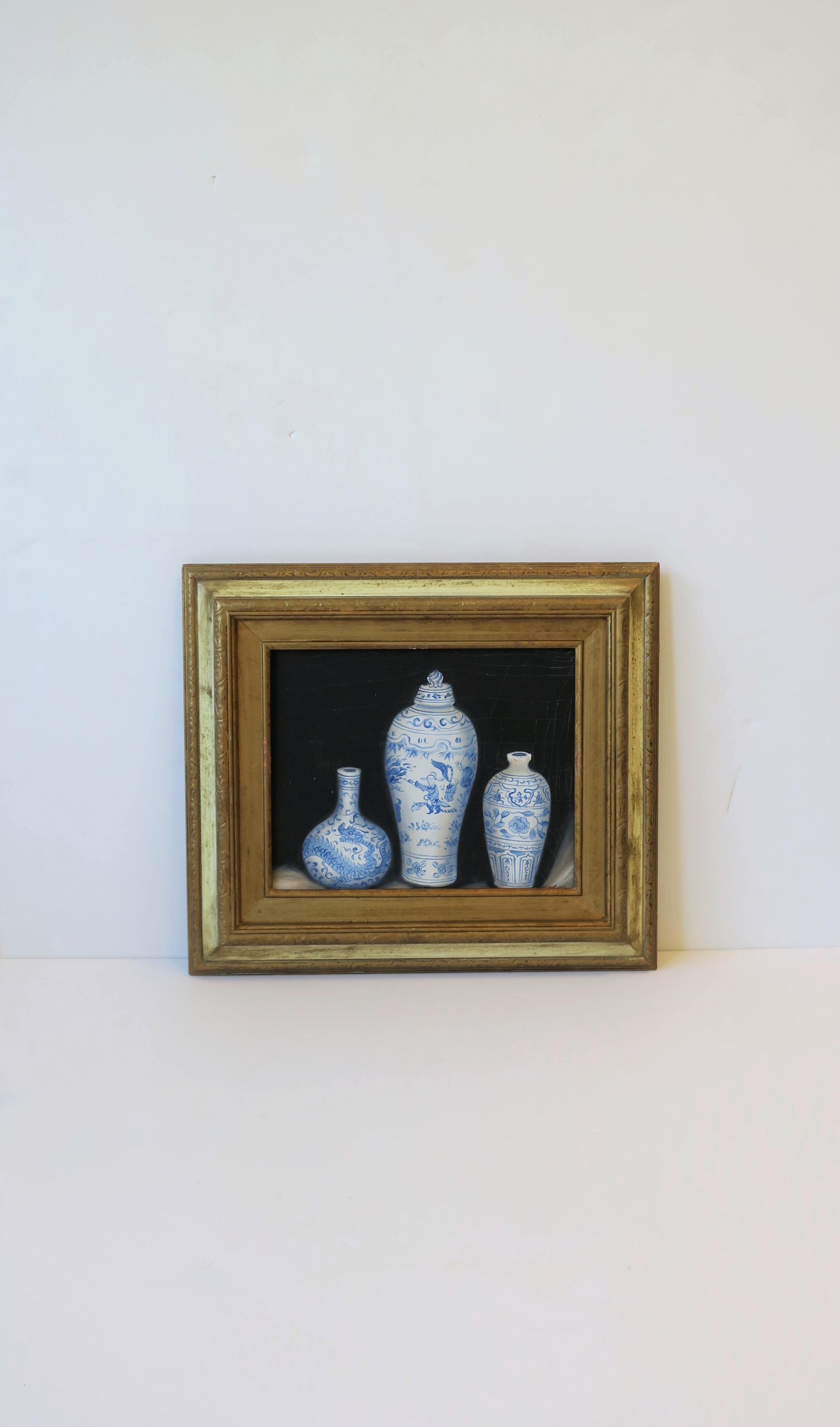 20th Century Chinese Blue and White Ceramic Pottery Oil Painting Art with Gold Giltwood Frame